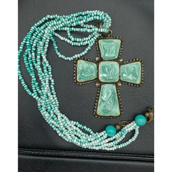 Turquoise Teal Enamel and Bronze Metal Cross Pendant on Seed Beaded Necklace - Picture 1 of 6